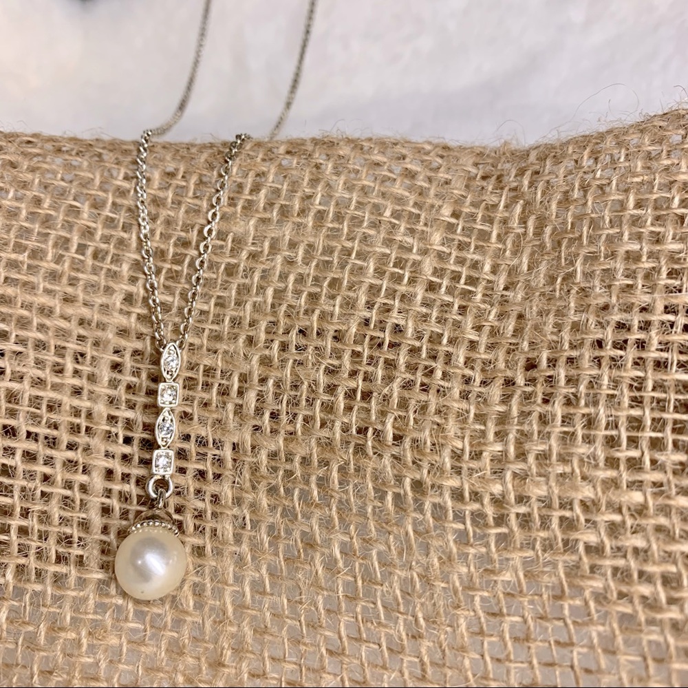 Vintage Avon faux pearl pendant and rhinestone necklace on gold tone chain